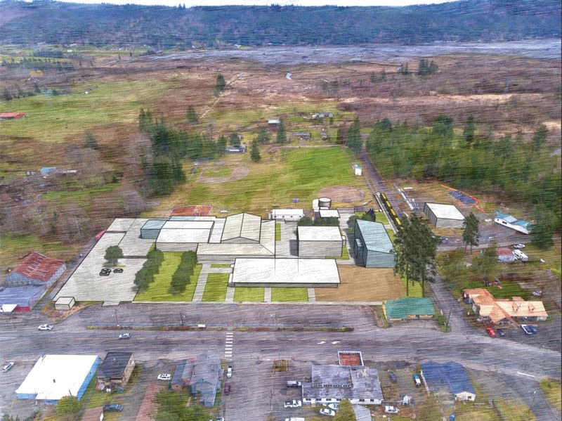 An artist’s rendition shows how the two-story elementary school (green building, at right) will fit onto the Quilcene school’s campus.